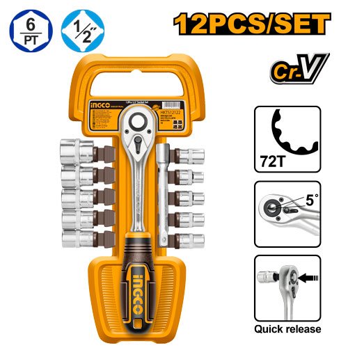 JGO CUBO ESPIGA 1/2" C/RATCHET 12PZAS #HKTS12122 INGCO