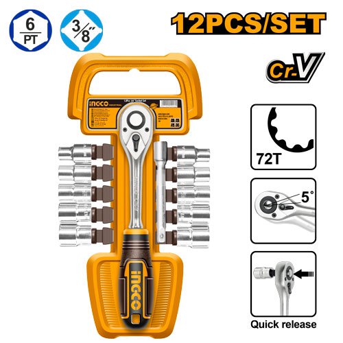 JGO CUBO ESPIGA 3/8" C/RATCHET 12PZAS #HKTS38122 INGCO
