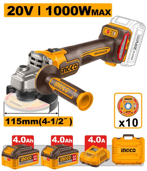KIT ESMERILADORA 20V 4.1/2+2BAT4A+CAR+DISC #UCAGLI271532 INGCO