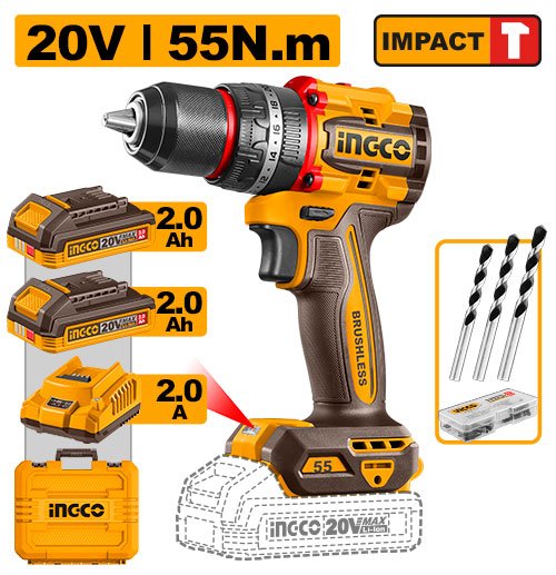TALADRO PERCUTOR 1/2" 20V +2BAT+1CARG+ACCE #UCIDLI20558 INGCO
