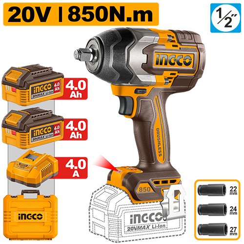 LLAVE IMPACTO 20V 1/2" 850NM+2BAT+1CARG+3CUBO UCIWLI2085 INGCO