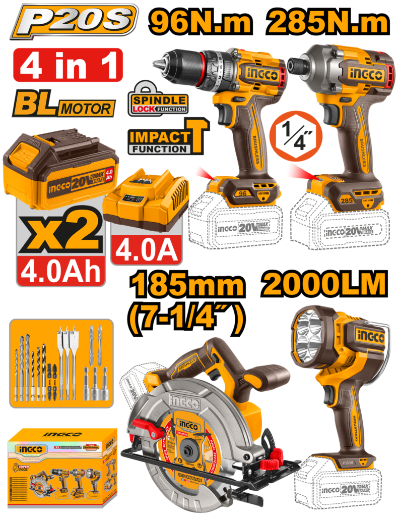 KIT TALAD PERC 1/2" 20V+ATORN+SIERRA CIRC+LAMP+2BAT+1CARG UCOSLI241297 INGCO
