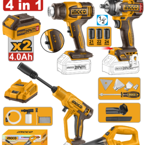 KIT HIDRO 20V+PIST CALOR+LLAVE IMP+ASPIRAD 2BAT+1CARG+ACCES #UCOSLI250208 INGCO