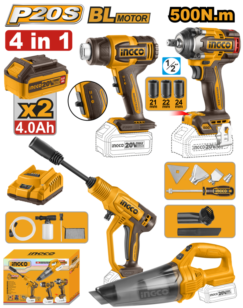 KIT HIDRO 20V+PIST CALOR+LLAVE IMP+ASPIRAD 2BAT+1CARG+ACCES #UCOSLI250208 INGCO