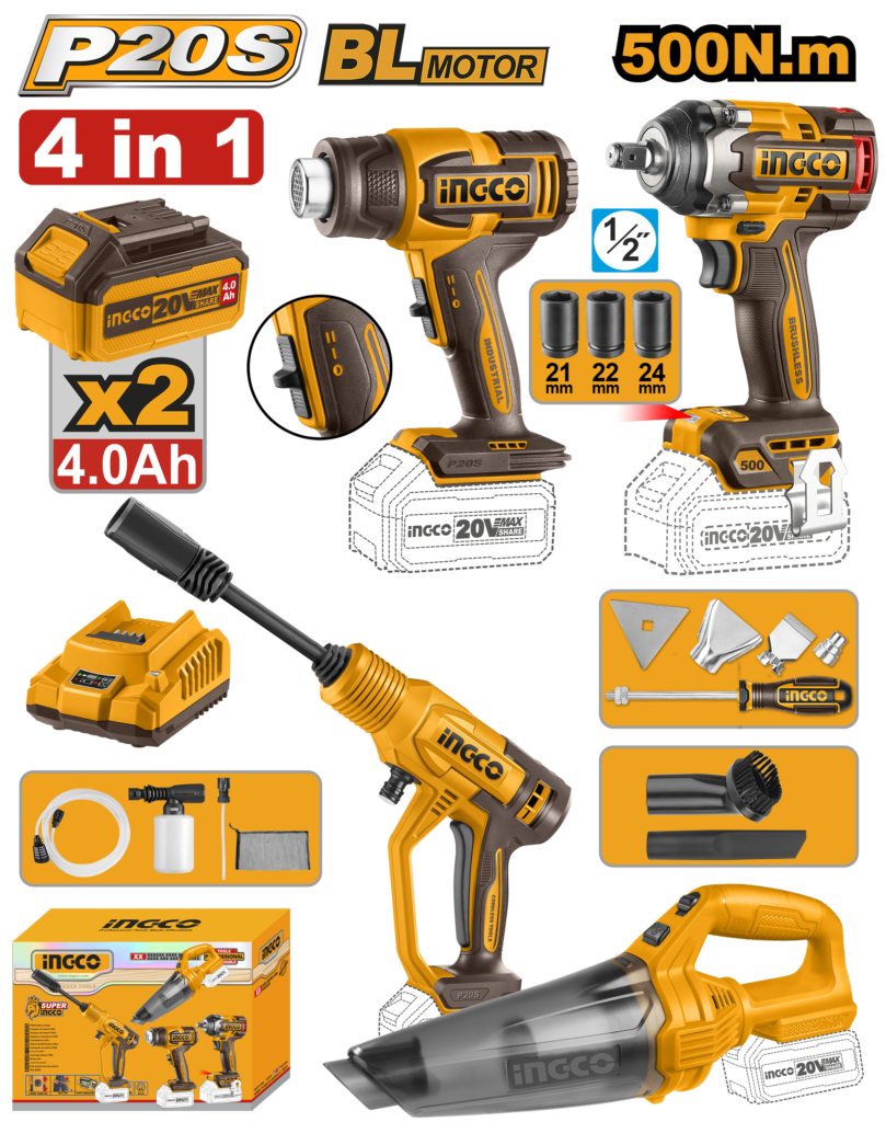 KIT HIDRO 20V+PIST CALOR+LLAVE IMP+ASPIRAD 2BAT+1CARG+ACCES #UCOSLI250208 INGCO
