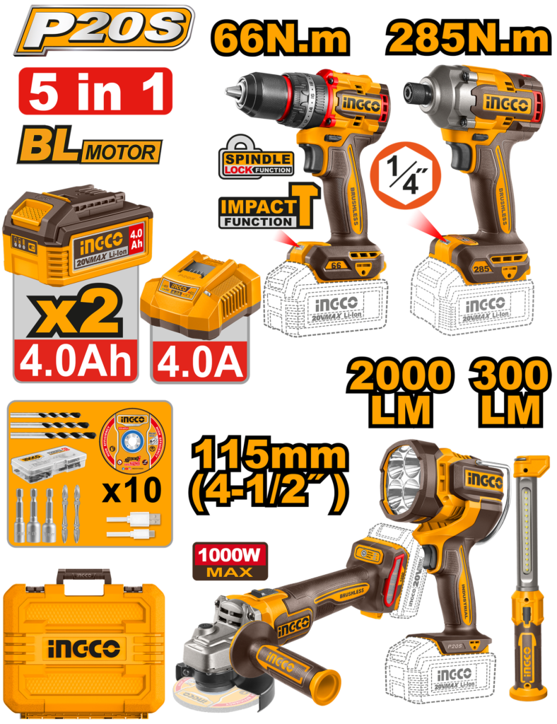 KIT ESMERIL 41/2 20V+TALAD+ATORN+2LAMP+ACCE+2BT+1CARG UCOSLI250692 INGCO